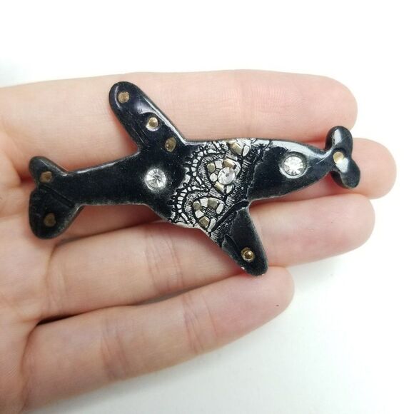 Vintage Handmade Airplane Brooch, Black, Rhinestone, Unique Retro Estate Pin - Picture 1 of 6